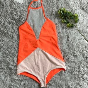 NWT khong boon orange and white color block with mesh one piece bathing suit M